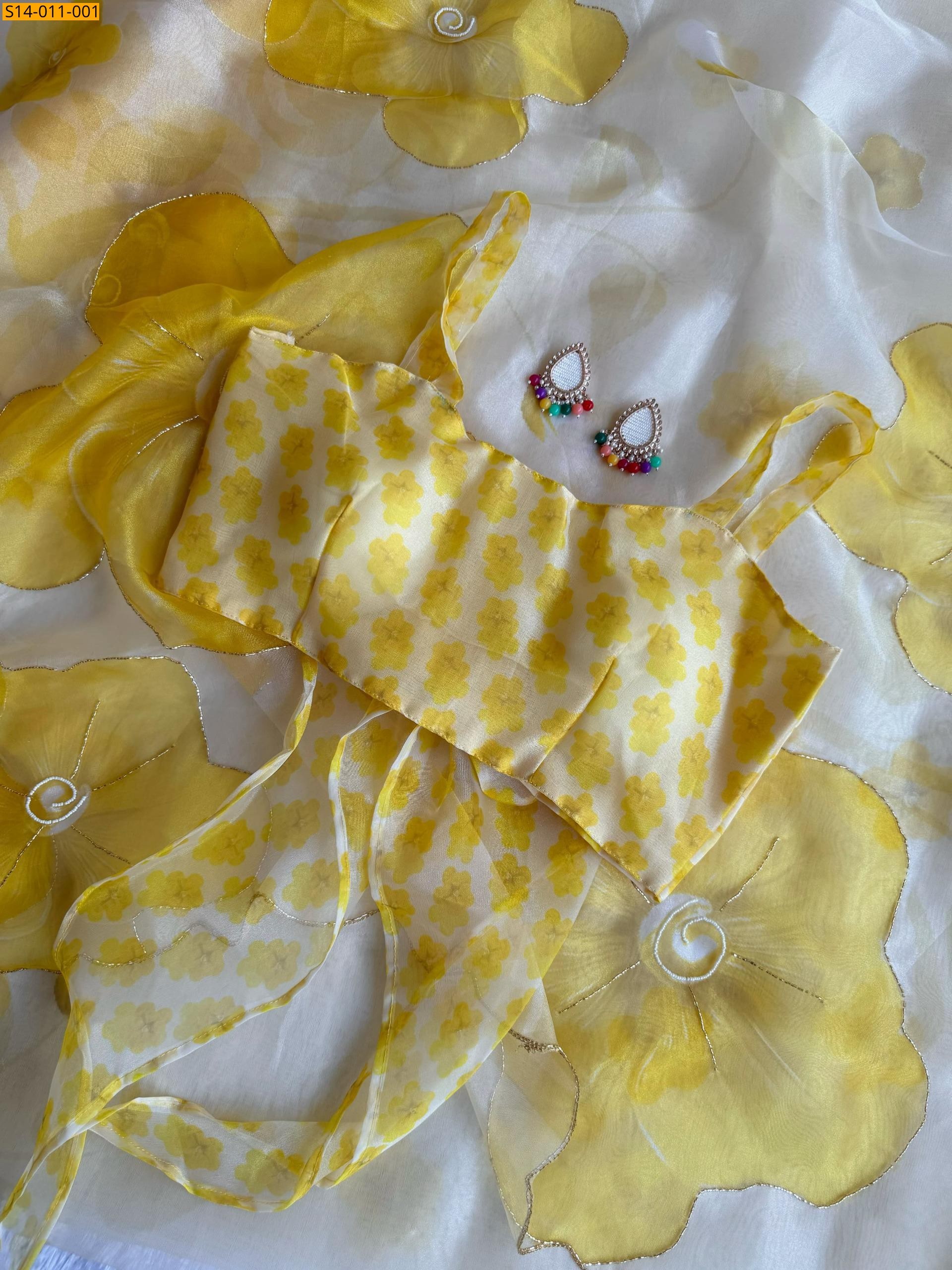 Yellow Fancy Organza digital printed sarees