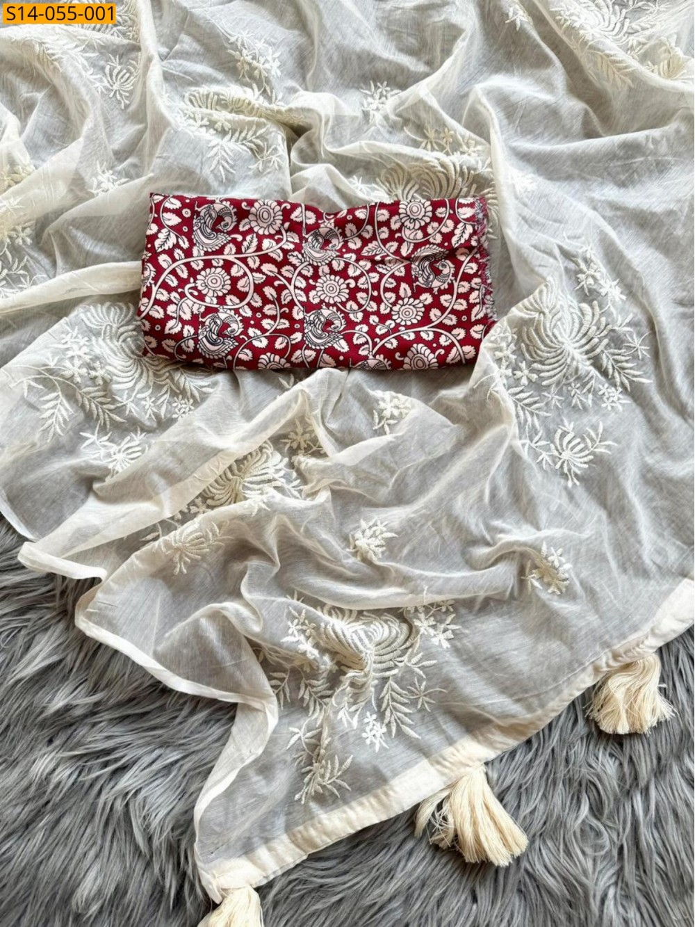 White Chanderi Cotton Flower Work Saree White Chanderi Cotton Flower Work Saree