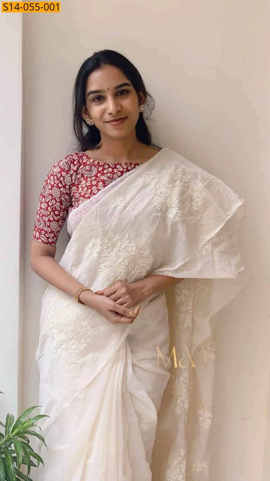 White Chanderi Cotton Flower Work Saree