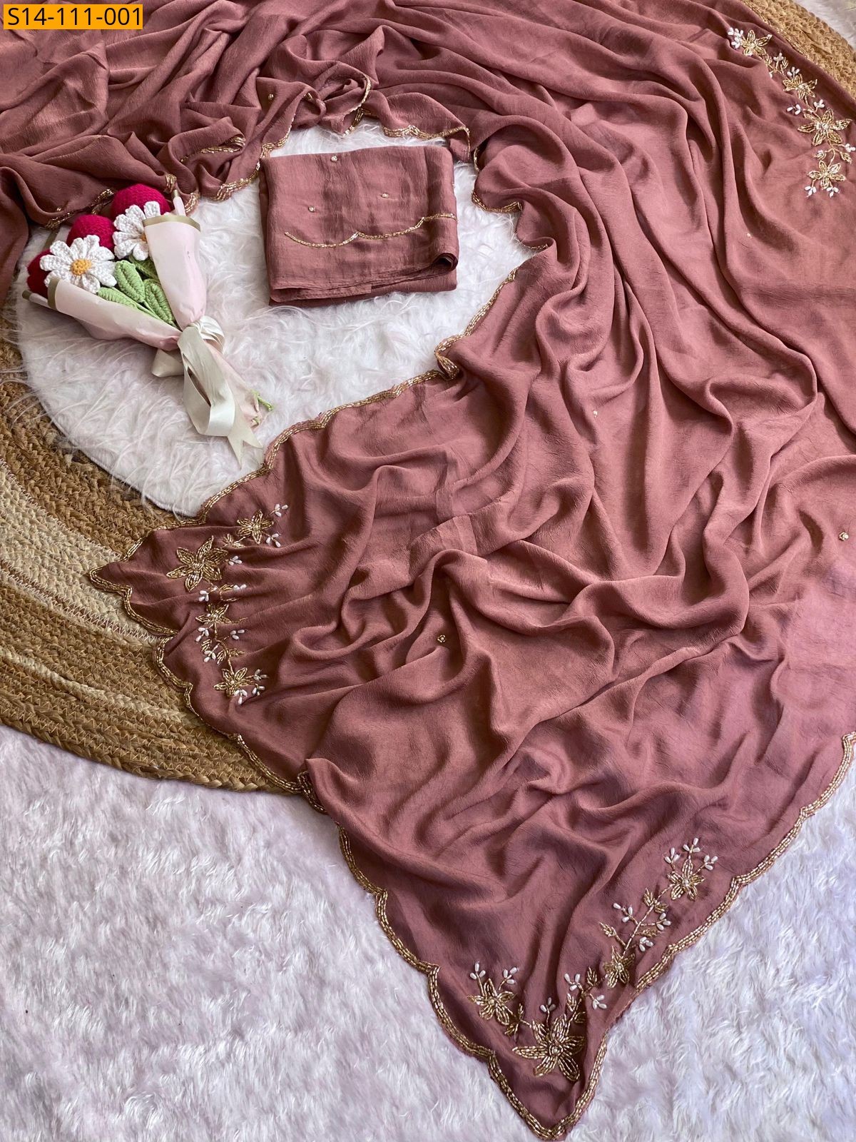 Onion Pink Fancy Soft Silk Crush Sarees