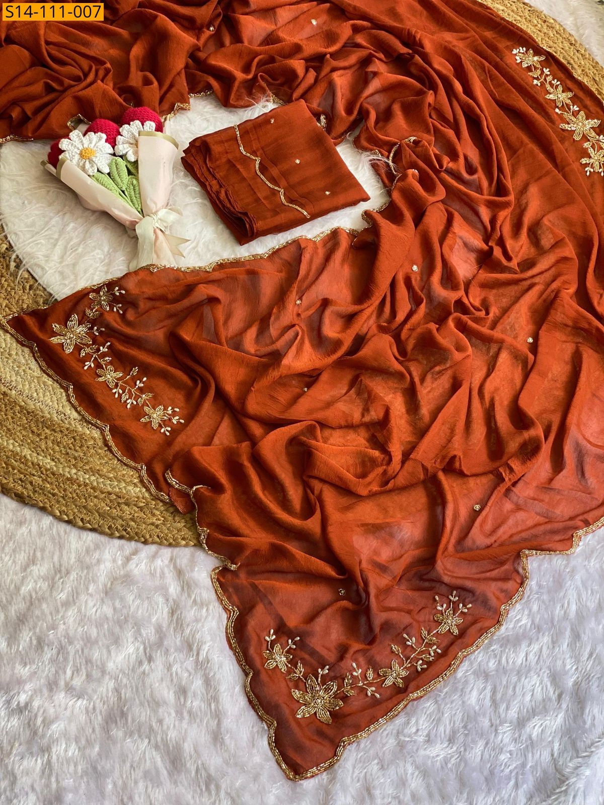 Orange Fancy Soft Silk Crush Sarees