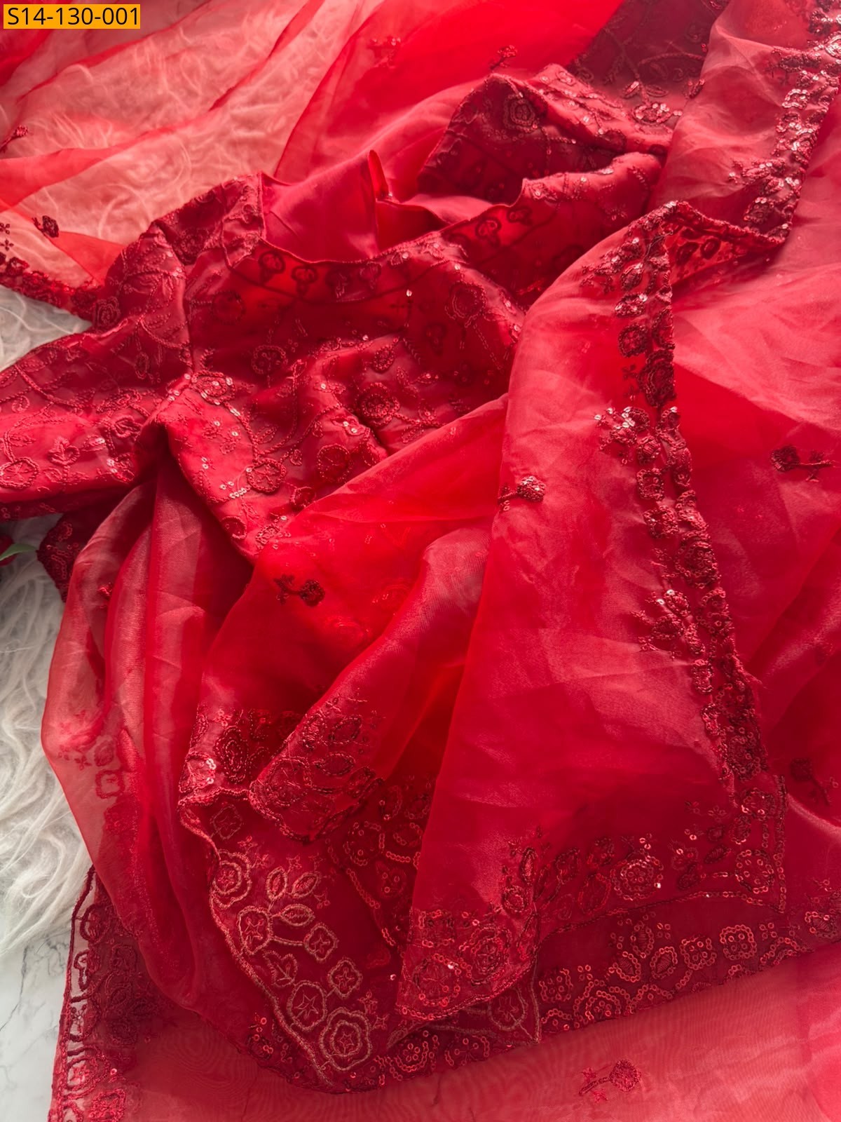 Red Fancy Tissue Orgenza Saree