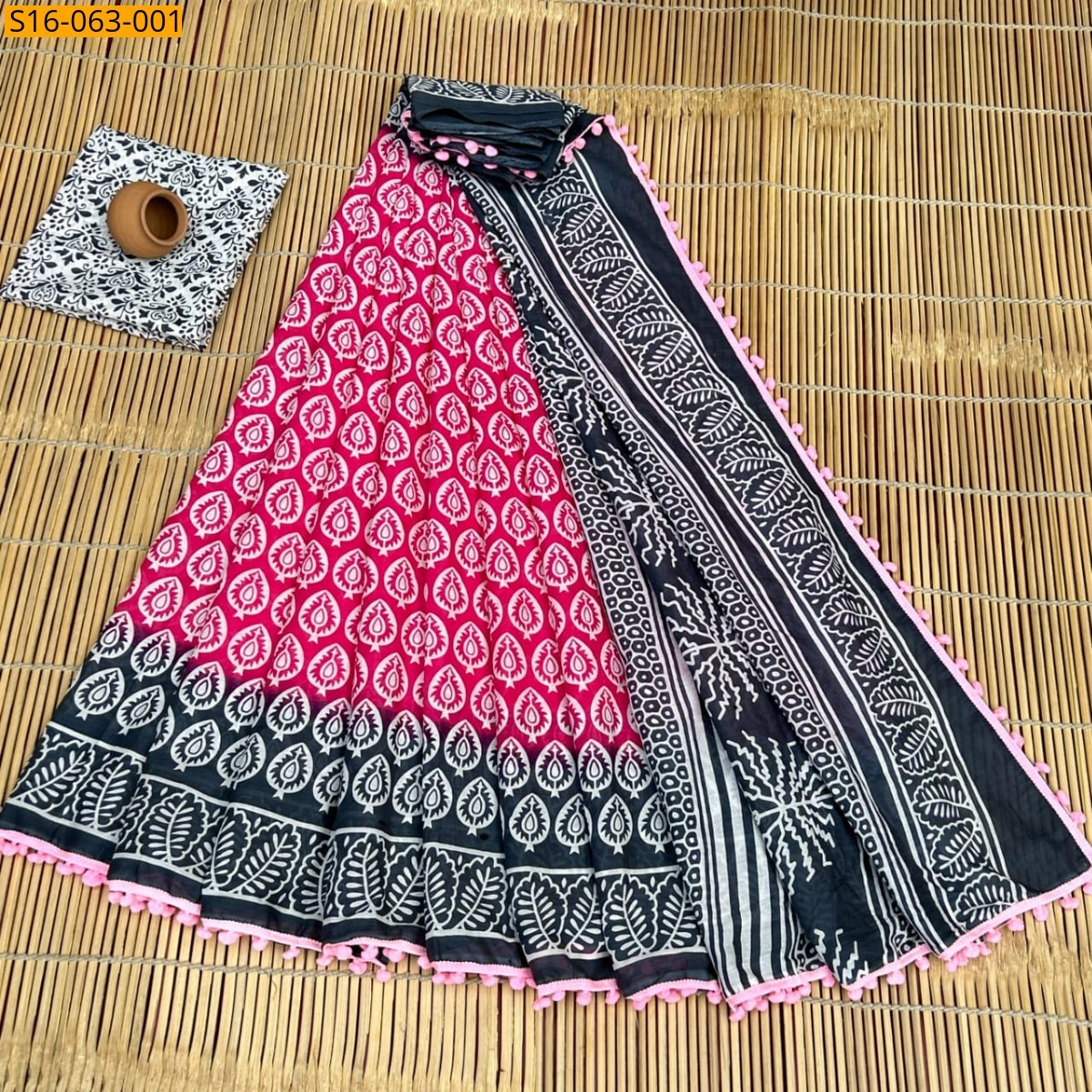 Pink Fancy Mulmul cotton  sarees With Pompom