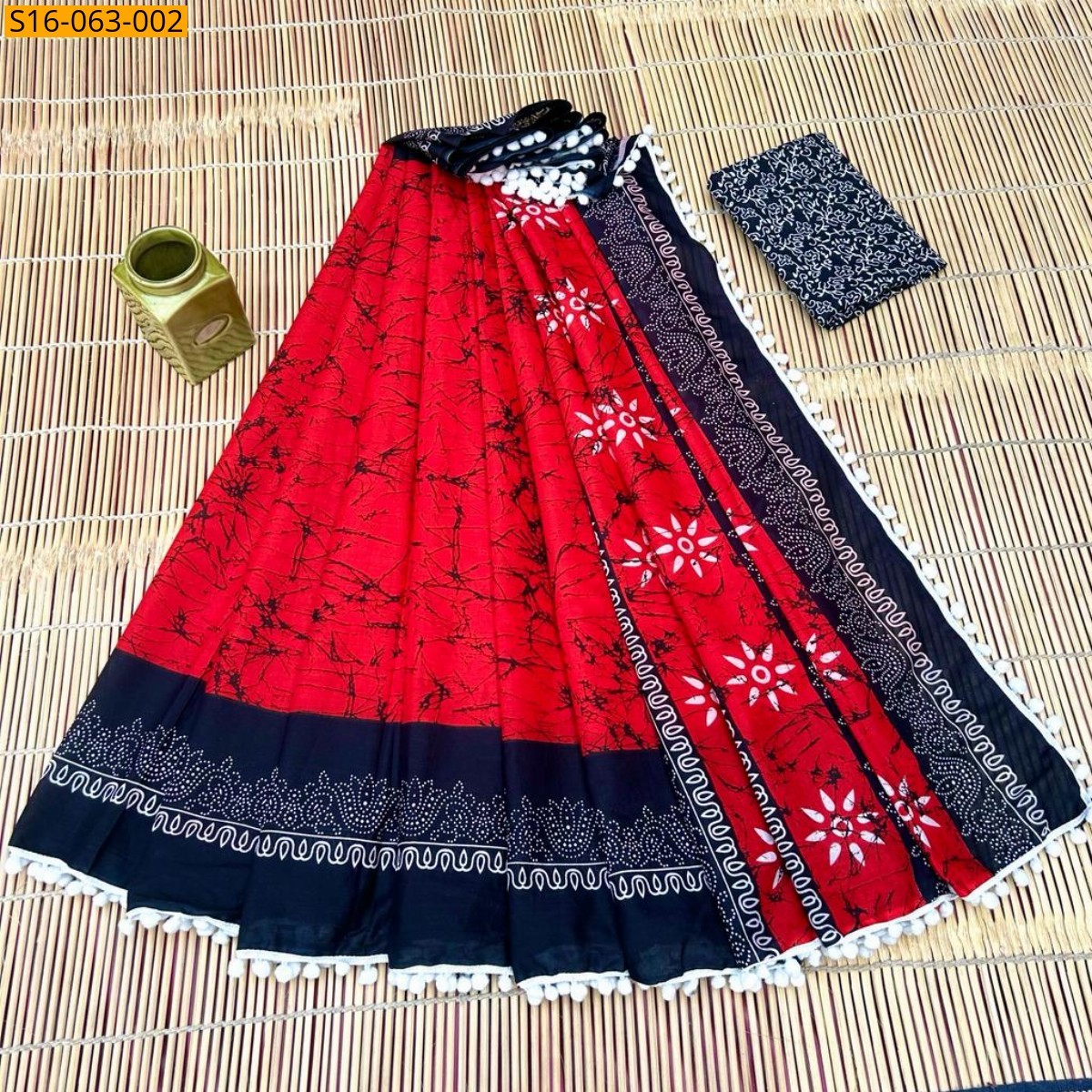 Red Fancy Mulmul cotton  sarees With Pompom