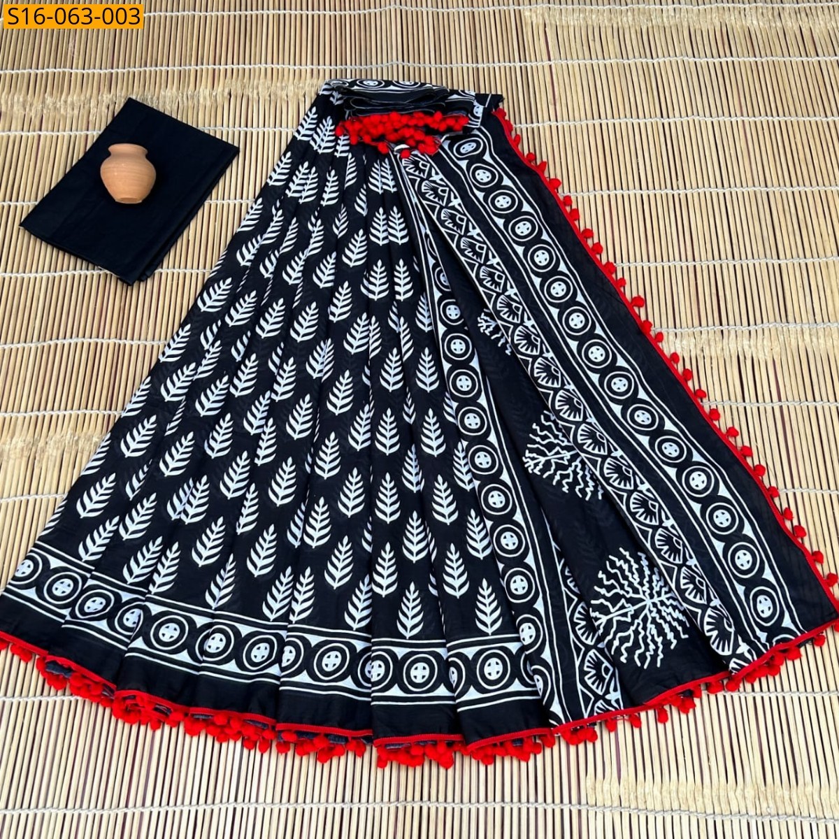 Black Fancy Mulmul cotton  sarees With Pompom