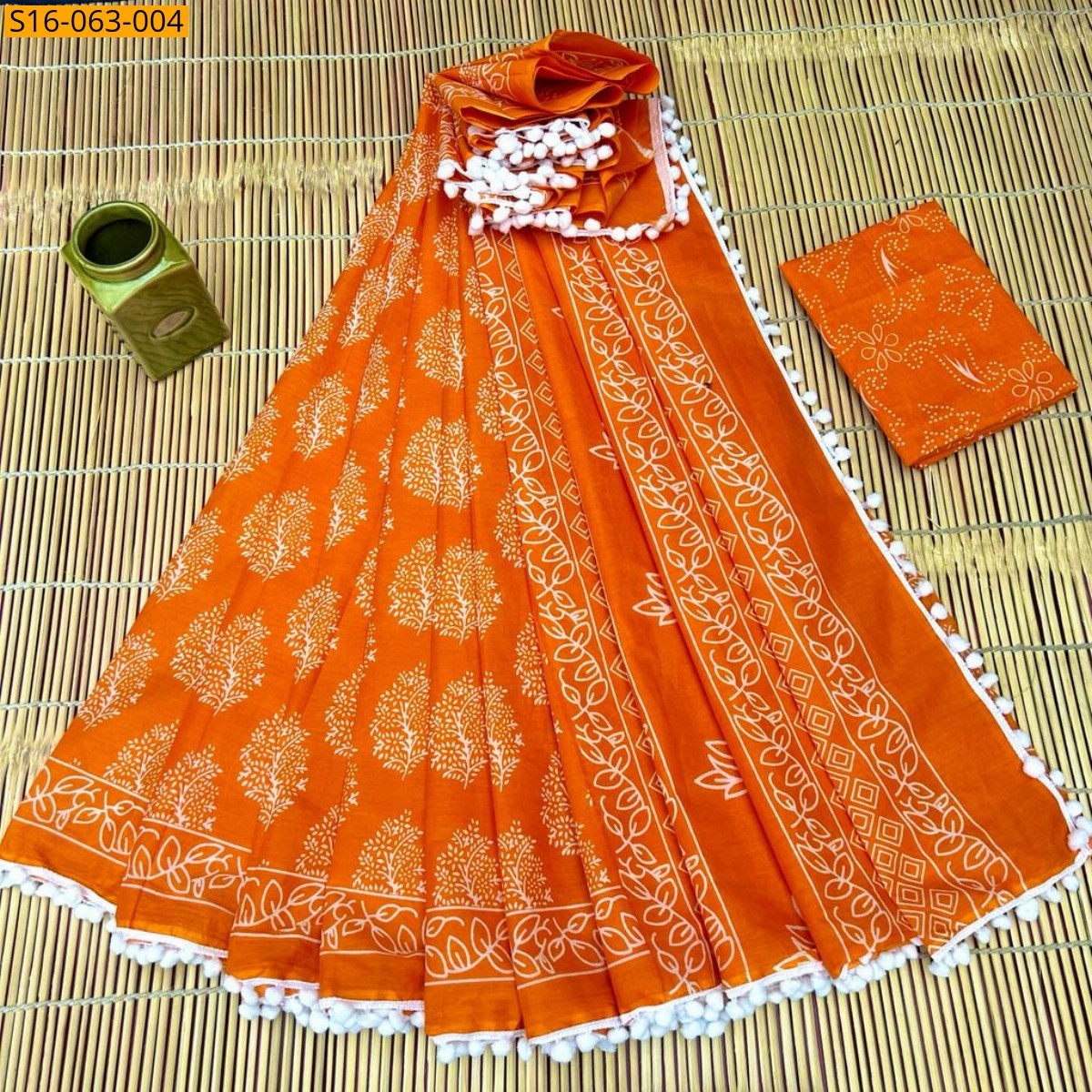Orange Fancy Mulmul cotton  sarees With Pompom