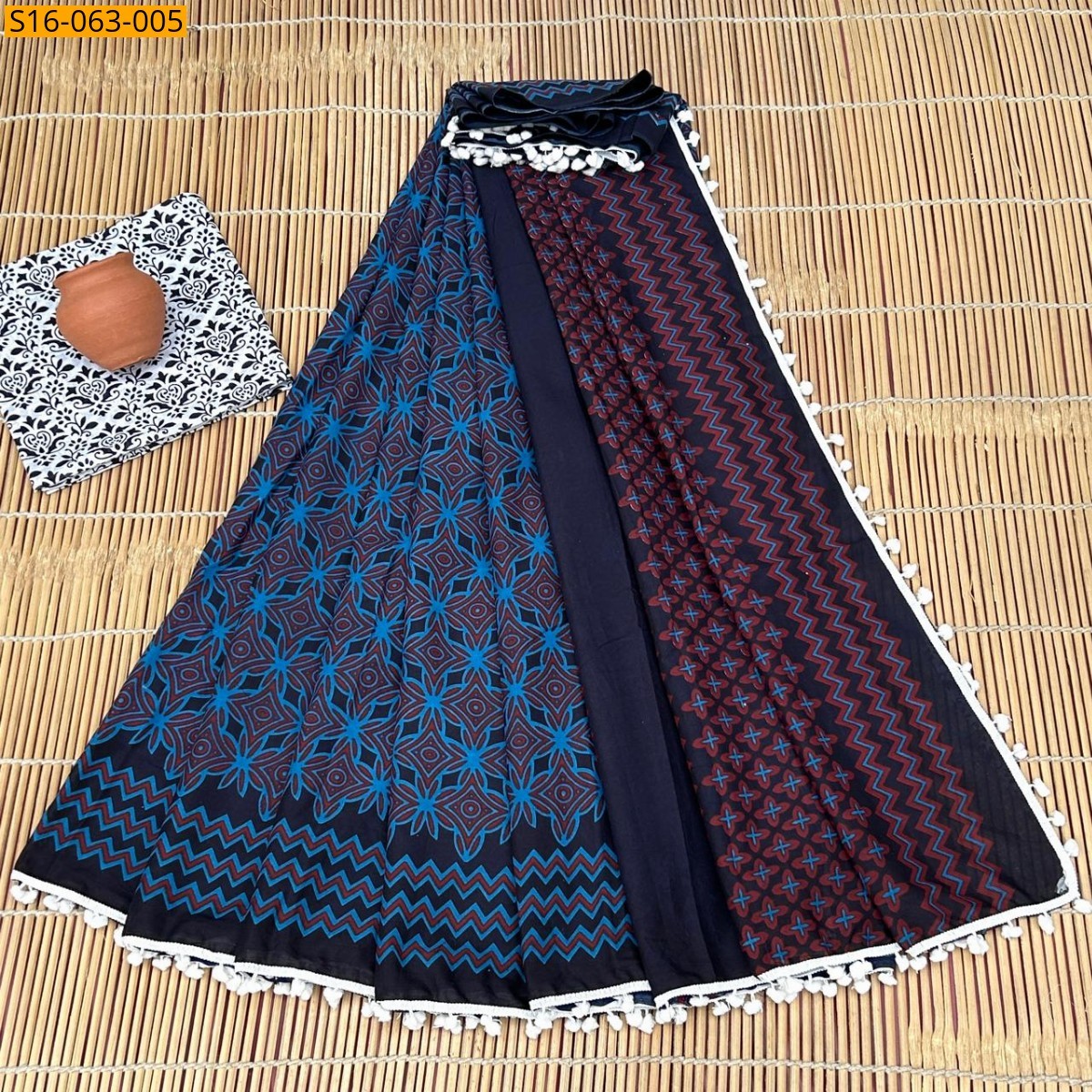 Blue Fancy Mulmul cotton  sarees With Pompom