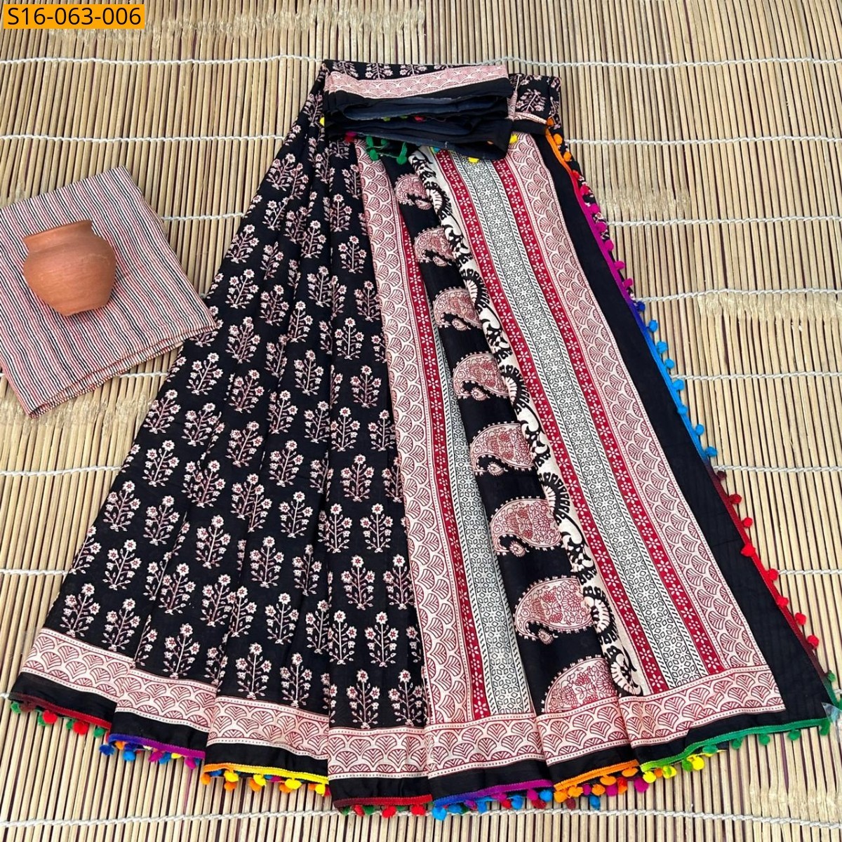 Black Fancy Mulmul cotton  sarees With Pompom