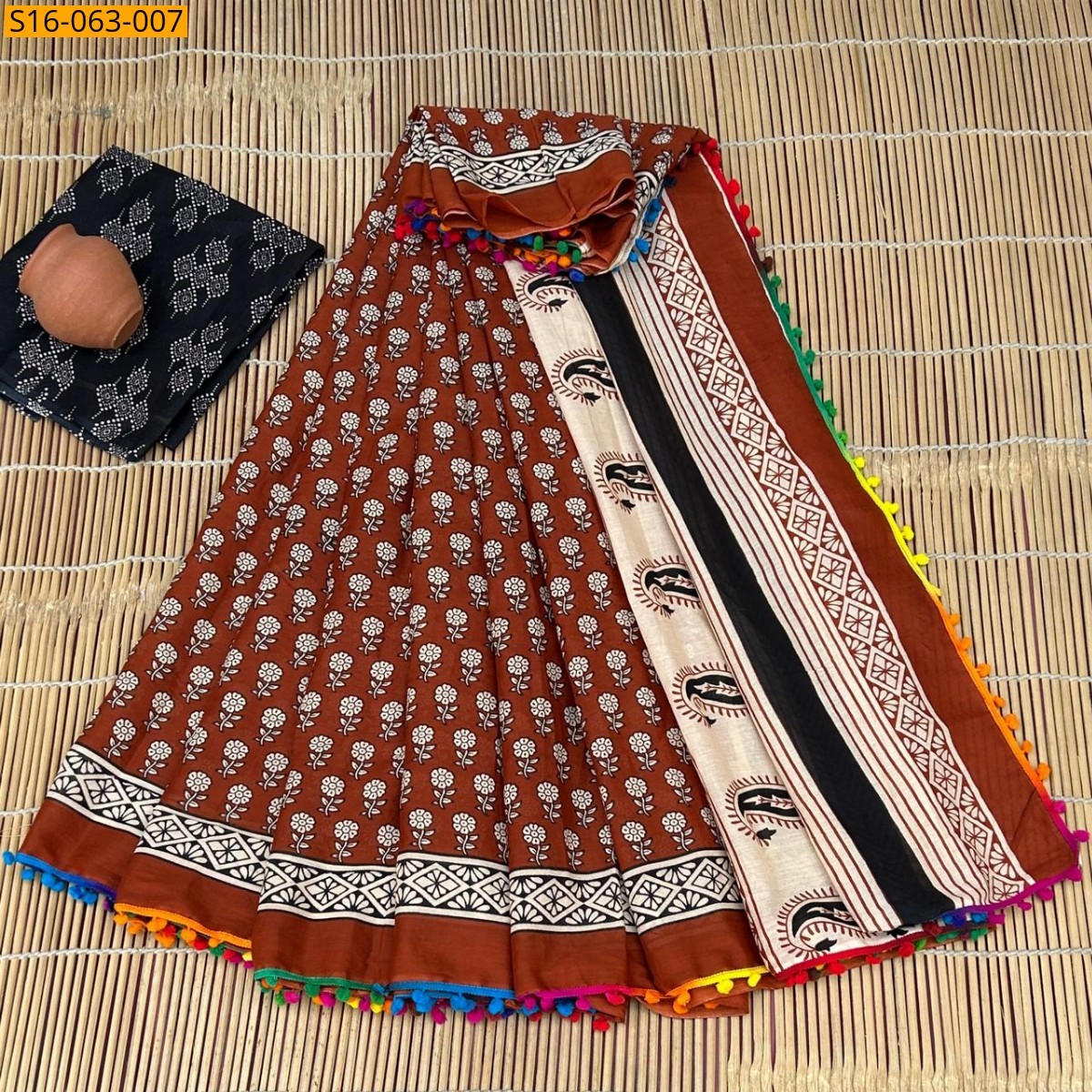 Brown Fancy Mulmul cotton  sarees With Pompom