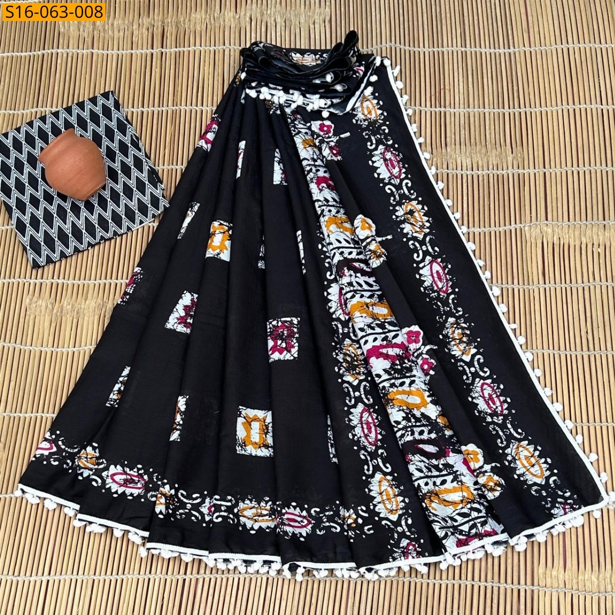 Black Fancy Mulmul cotton  sarees With Pompom
