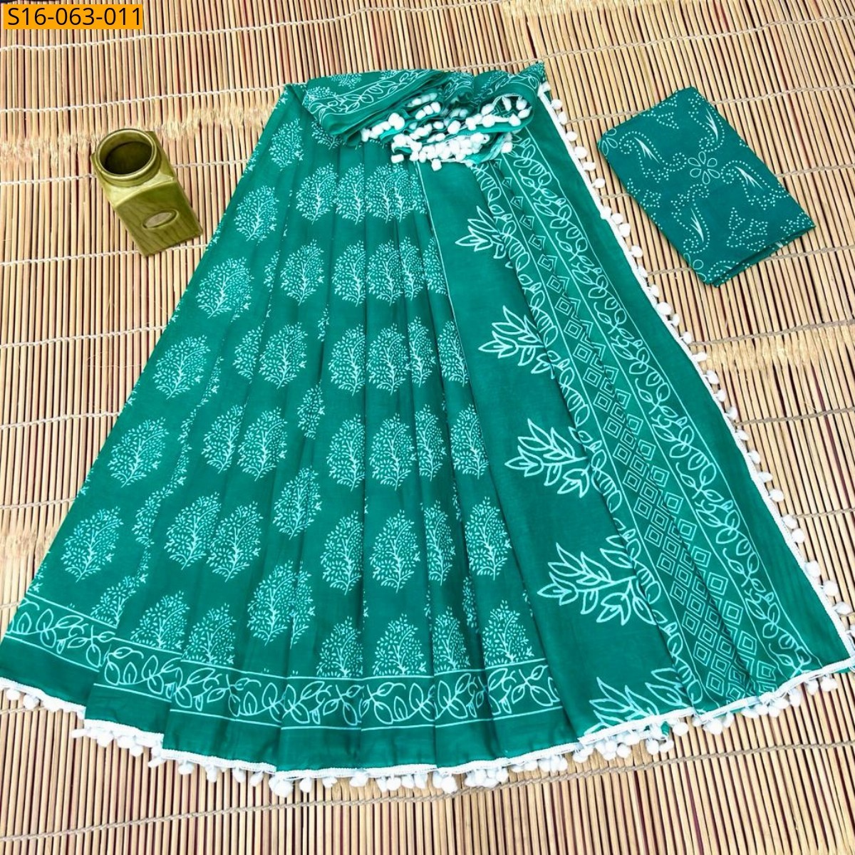 Green Fancy Mulmul cotton  sarees With Pompom