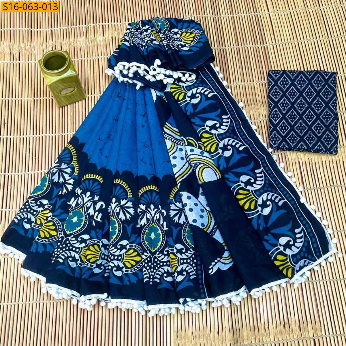 Blue Fancy Mulmul cotton  sarees With Pompom