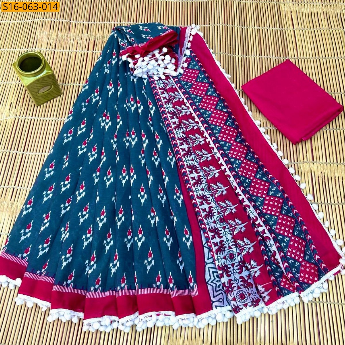 Navy Blue Fancy Mulmul cotton  sarees With Pompom