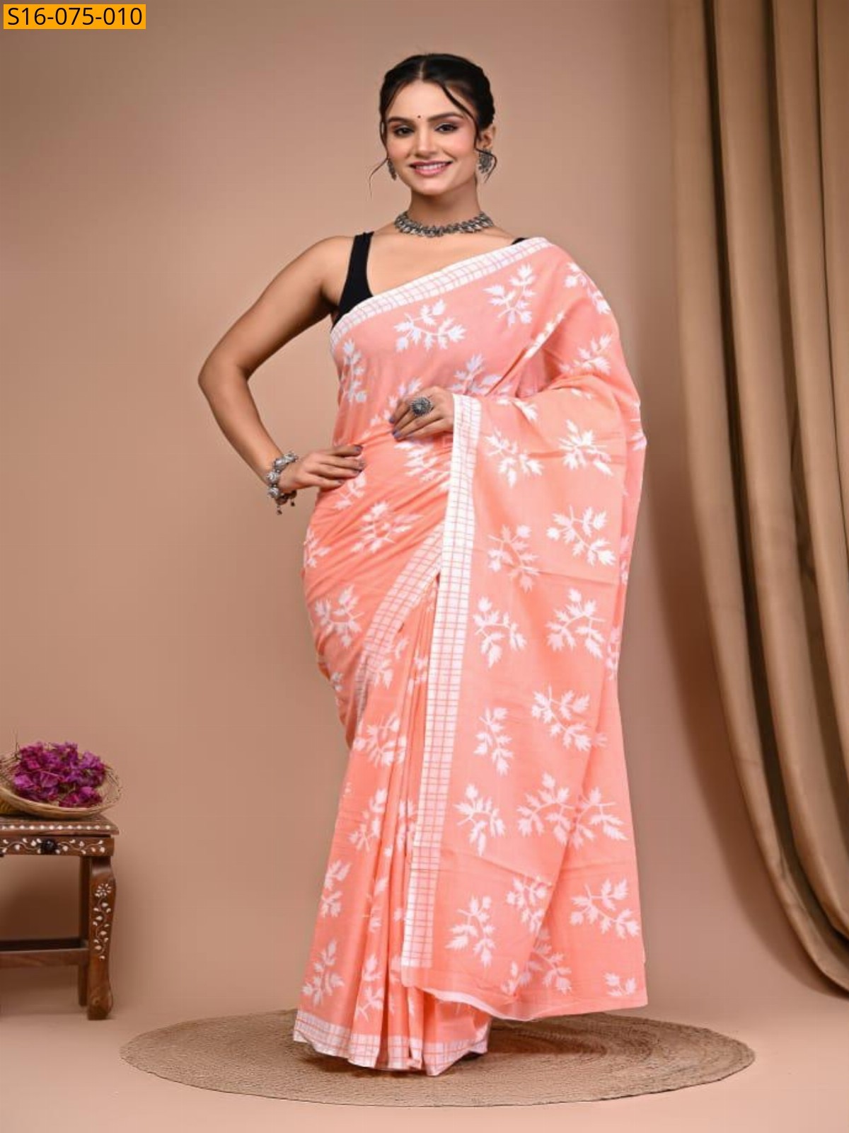 Peach Mulmul Cotton Sarees