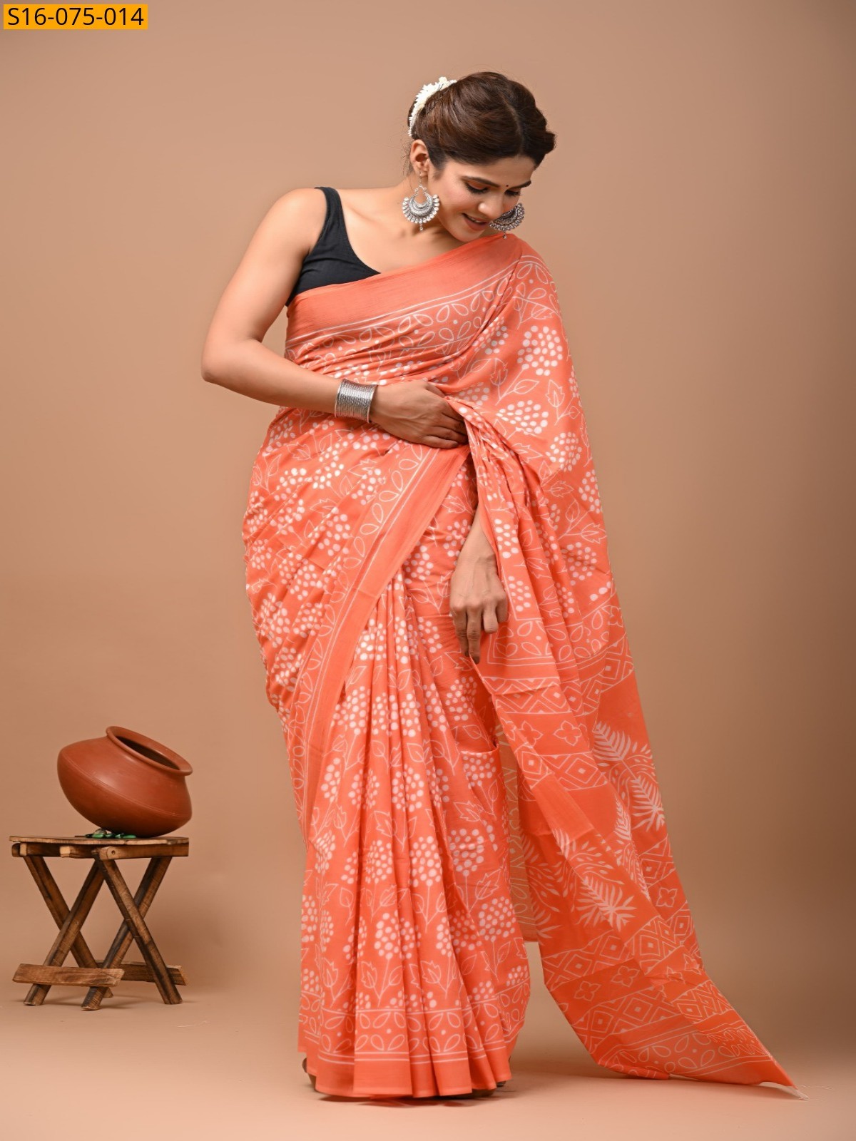 Orange Mulmul Cotton Sarees