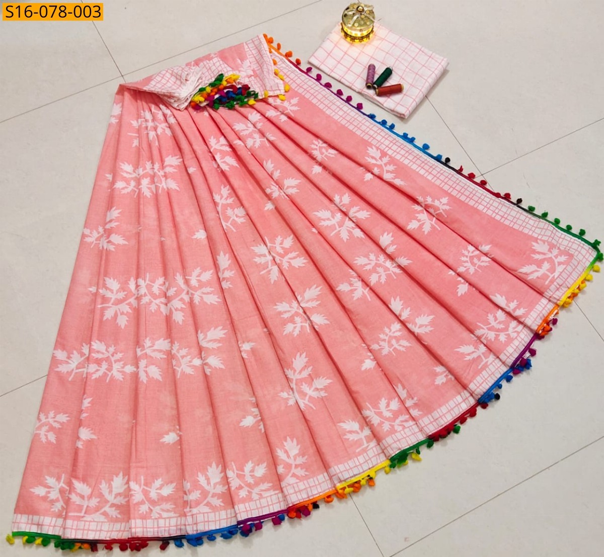 Beige Mulmul cotton  sarees With Pompom
