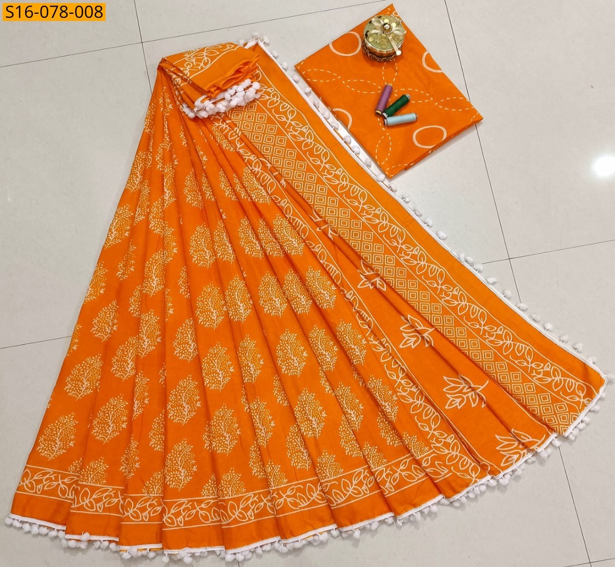 Peach Mulmul cotton  sarees With Pompom