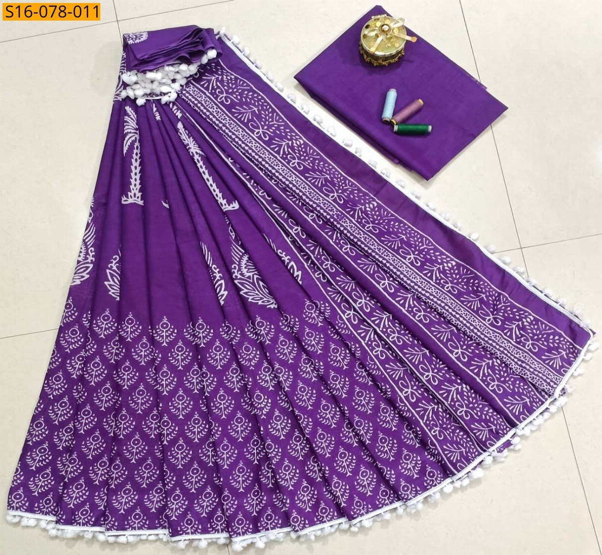 Navy Blue Mulmul cotton  sarees With Pompom