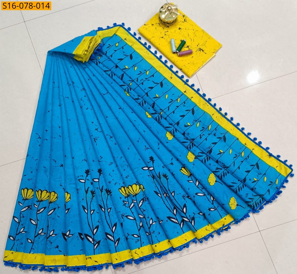 Yellow Mulmul cotton  sarees With Pompom