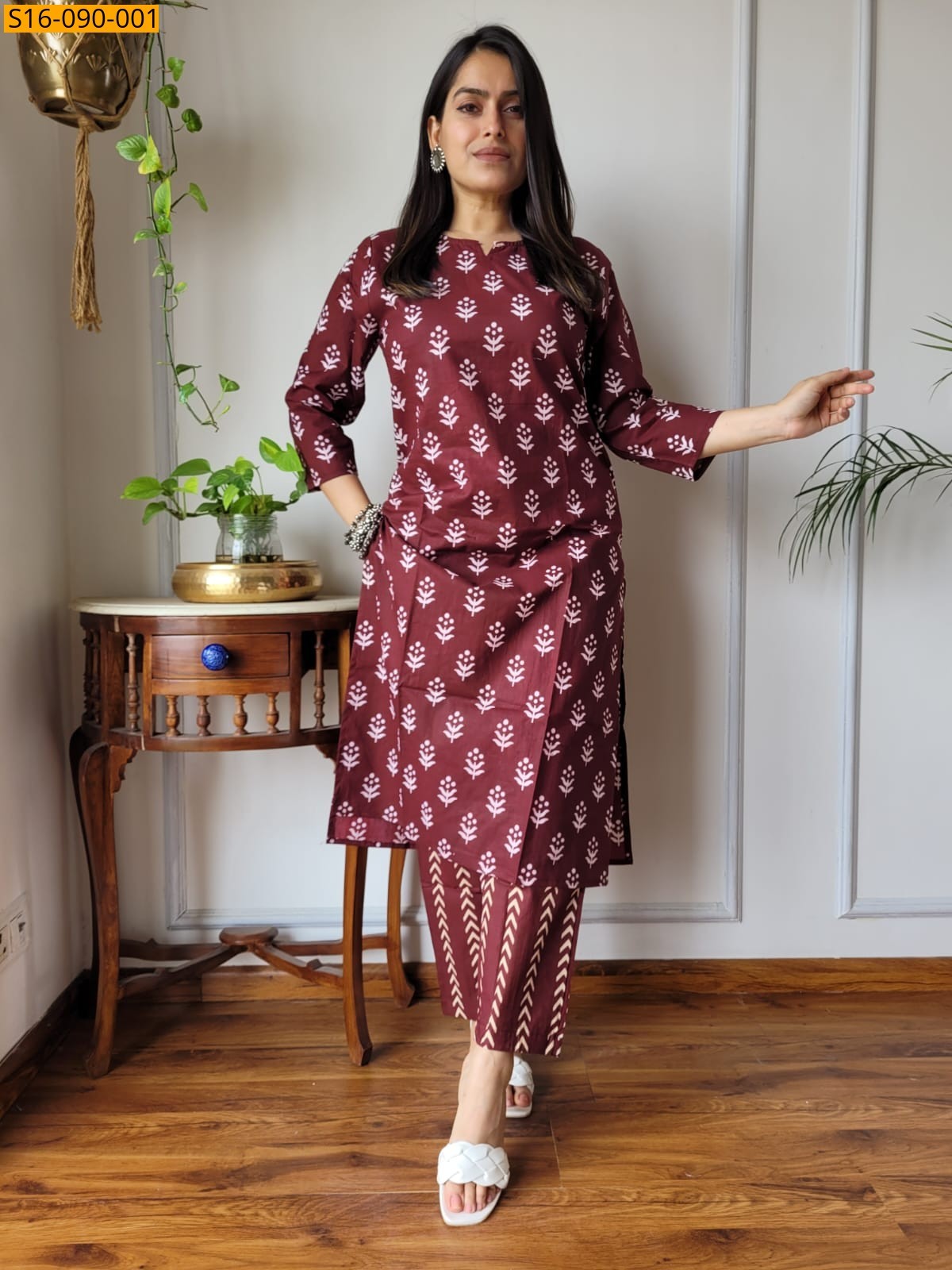 Brown Fancy Cotton Handblock Printed Kurti With Pant