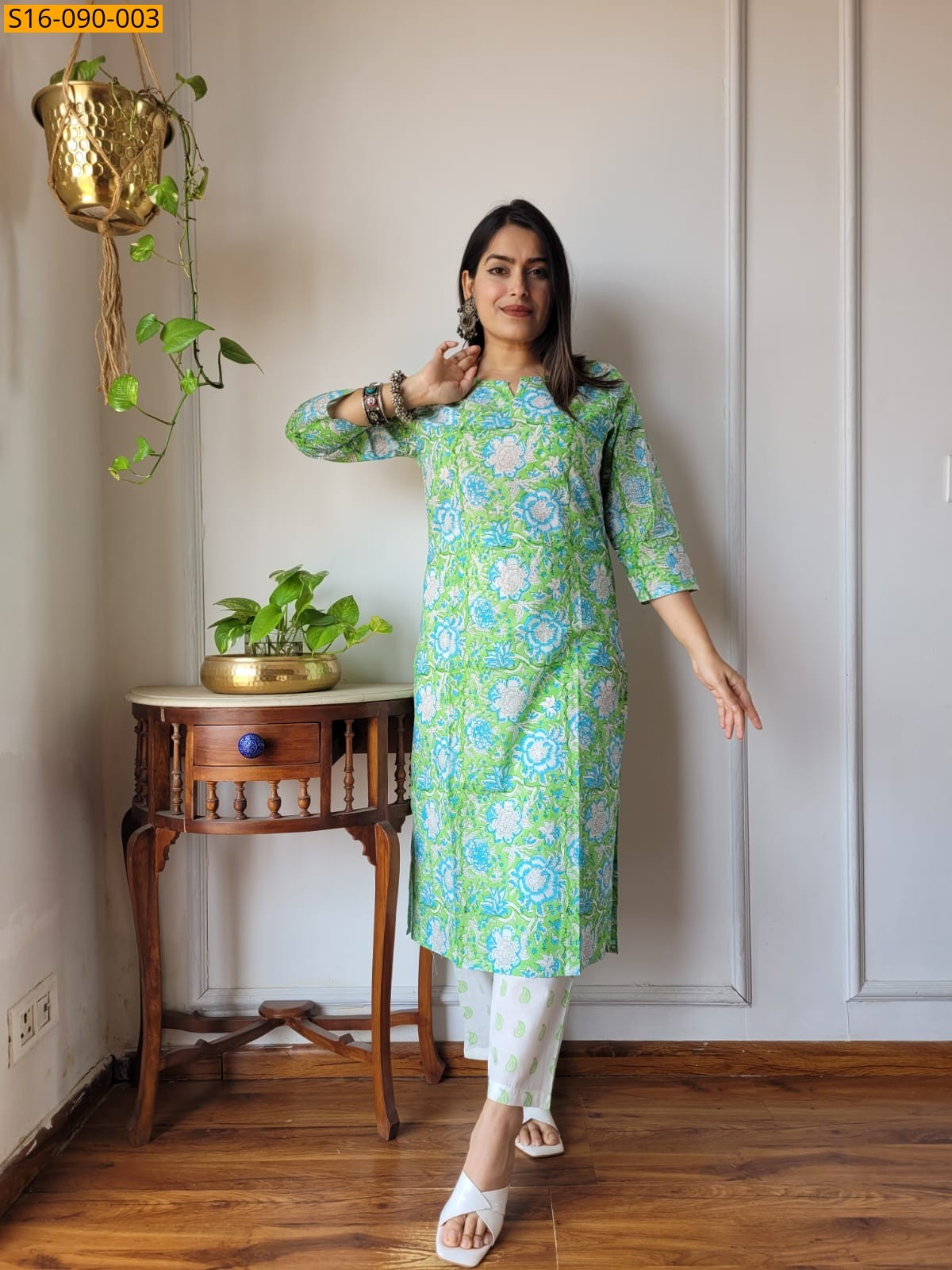 Green Fancy Cotton Handblock Printed Kurti With Pant