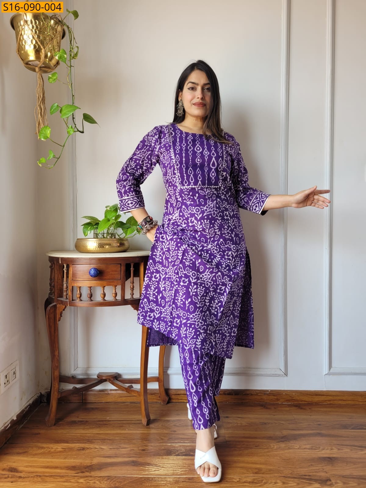 Violet Fancy Cotton Handblock Printed Kurti With Pant