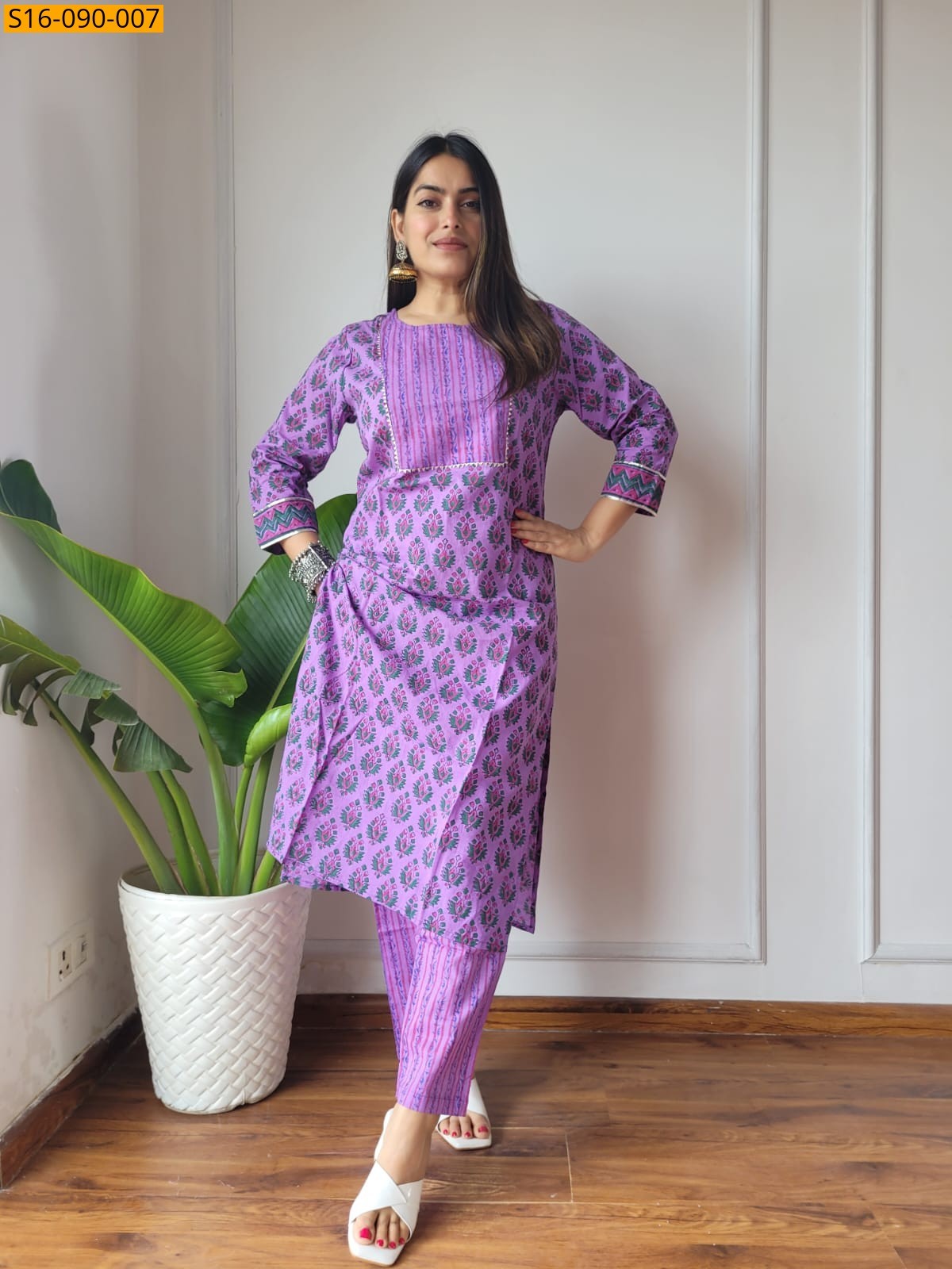 Violet Fancy Cotton Handblock Printed Kurti With Pant