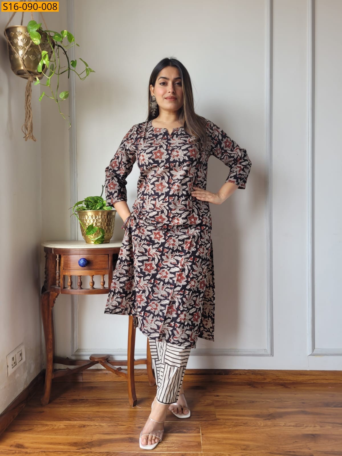 Black Fancy Cotton Handblock Printed Kurti With Pant