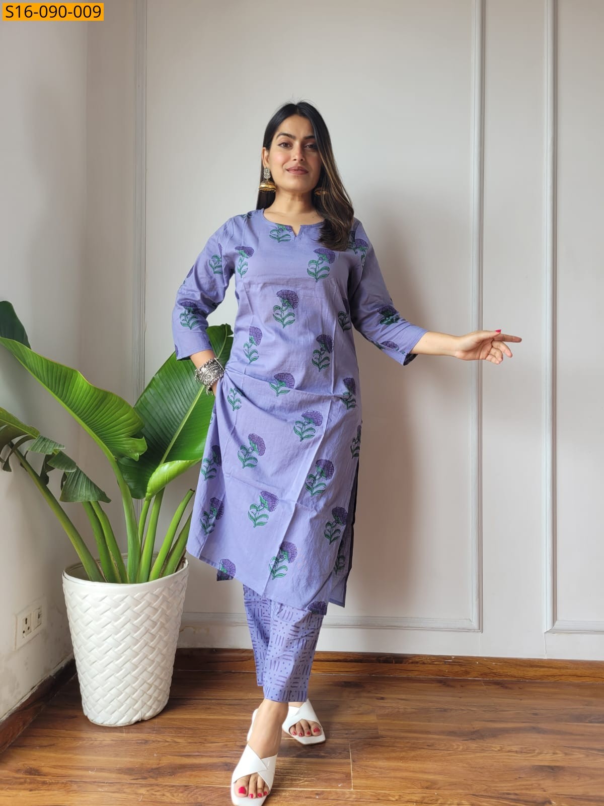Blue Fancy Cotton Handblock Printed Kurti With Pant