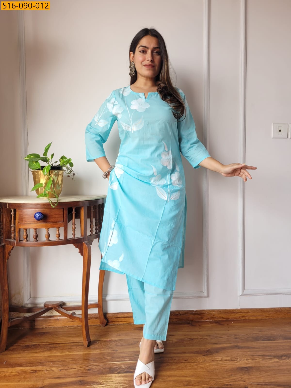 Sky Blue Fancy Cotton Handblock Printed Kurti With Pant