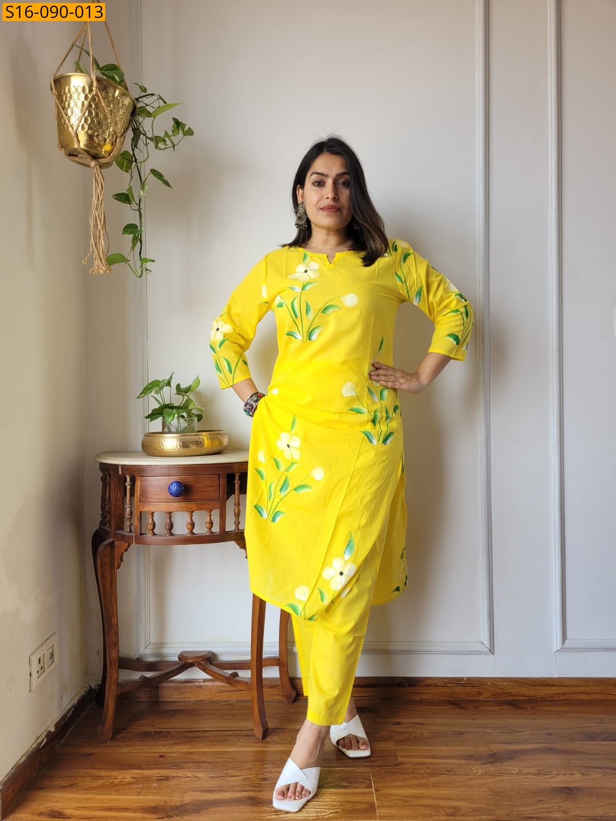 Yellow Fancy Cotton Handblock Printed Kurti With Pant