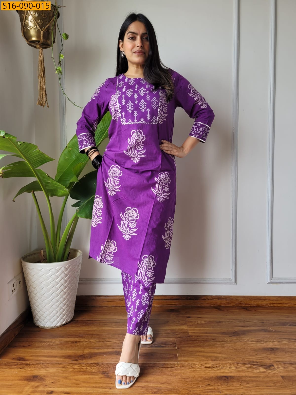 Violet Fancy Cotton Handblock Printed Kurti With Pant