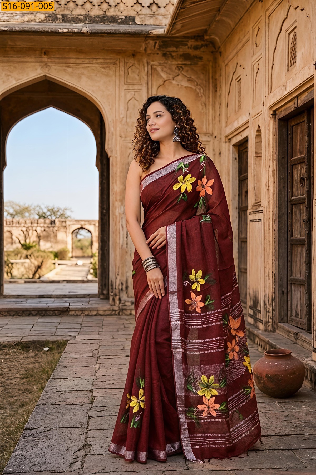 Brown Fancy Linen Cotton Sarees