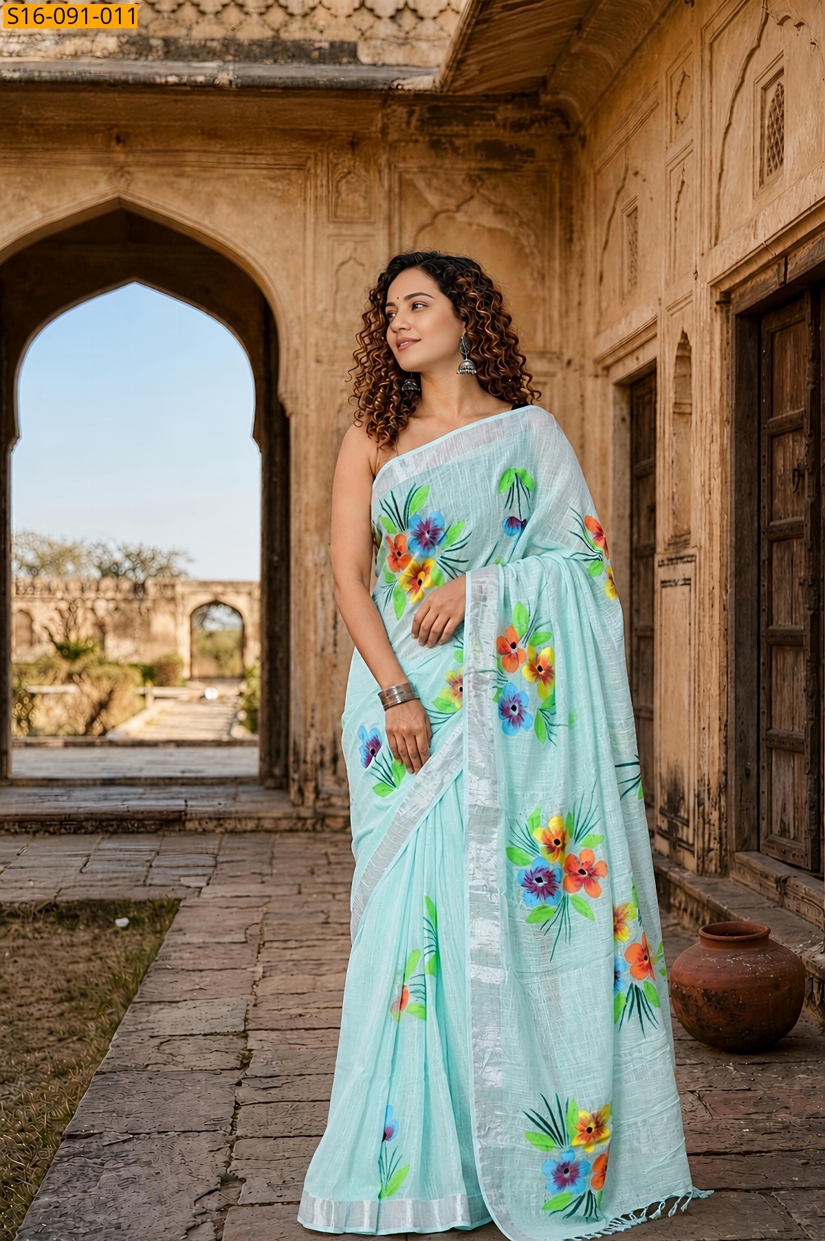 Sea Blue Fancy Linen Cotton Sarees