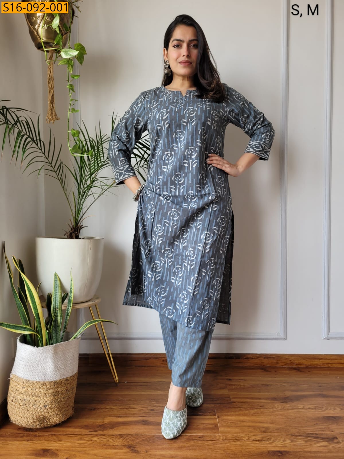 Grey Fancy Hand block Cotton Kurti With pant