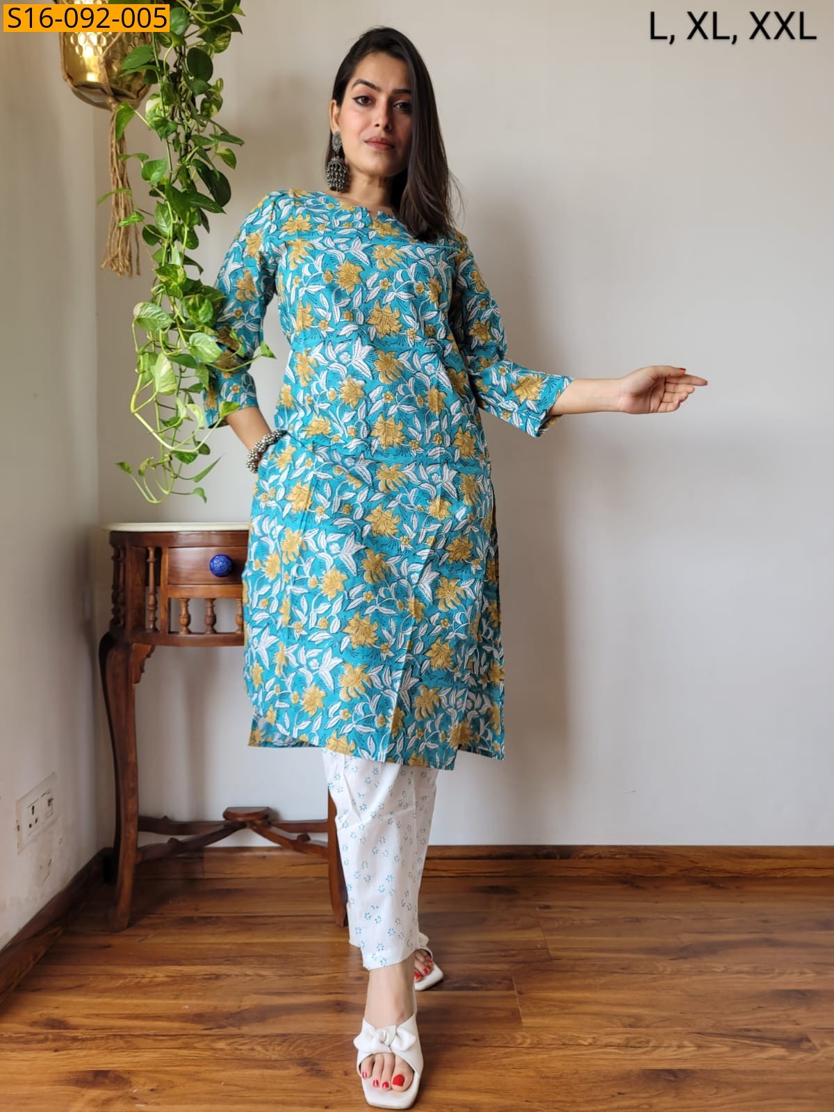 Rama Blue Fancy Hand block Cotton Kurti With pant
