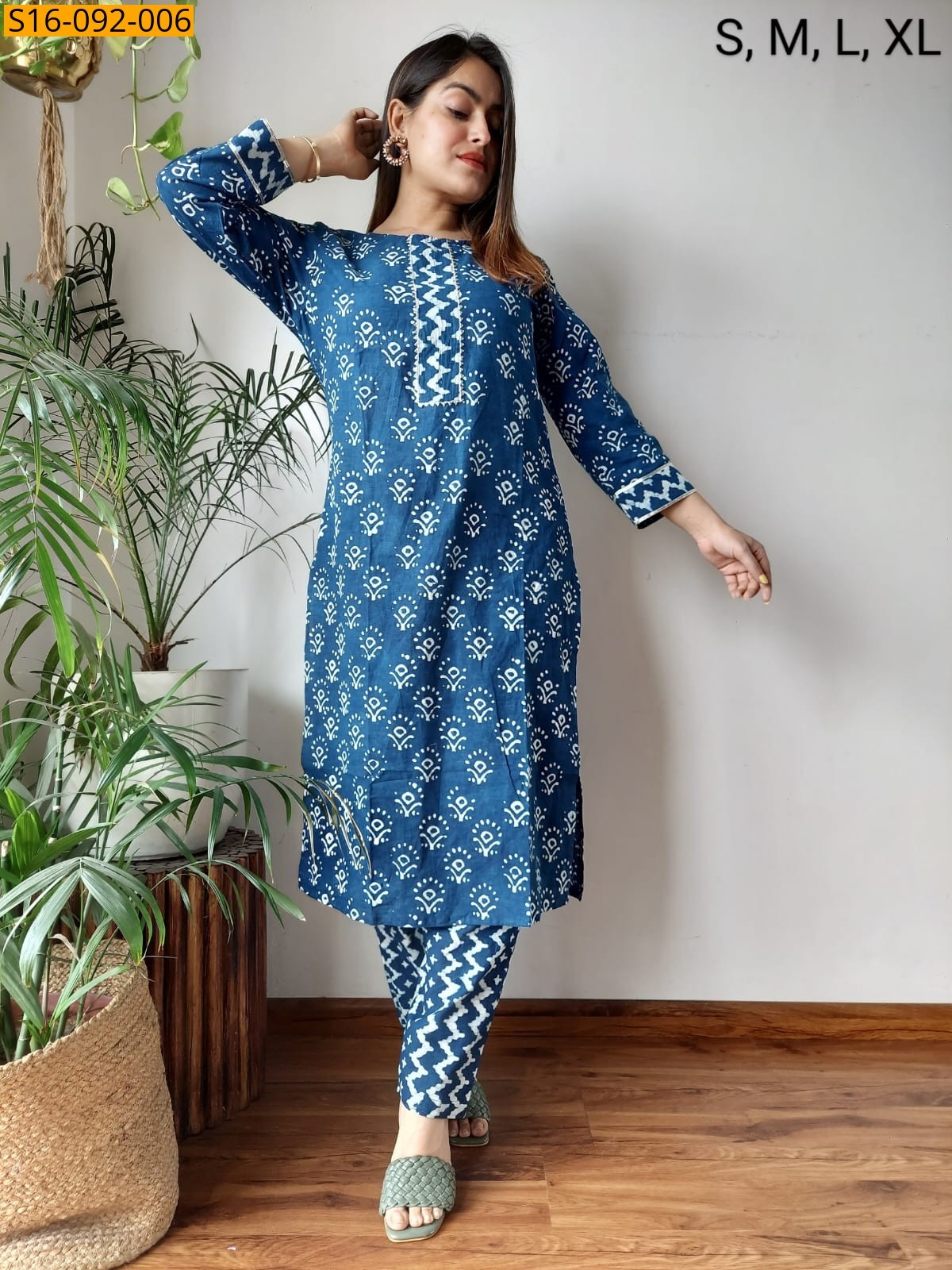 Blue Fancy Hand block Cotton Kurti With pant