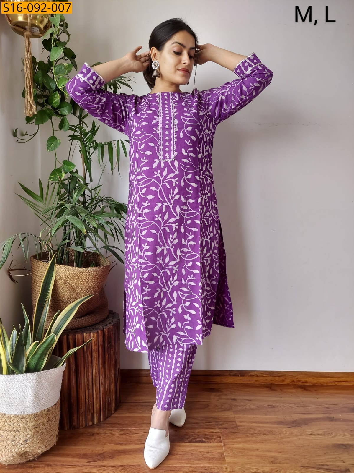 Lavender Fancy Hand block Cotton Kurti With pant
