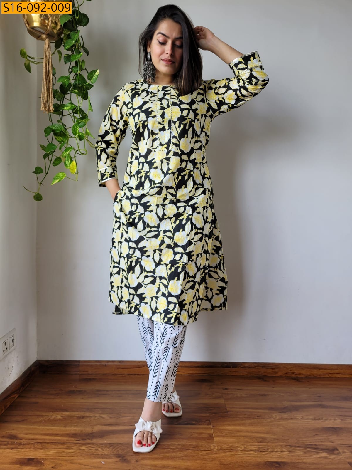 Yellow Fancy Hand block Cotton Kurti With pant