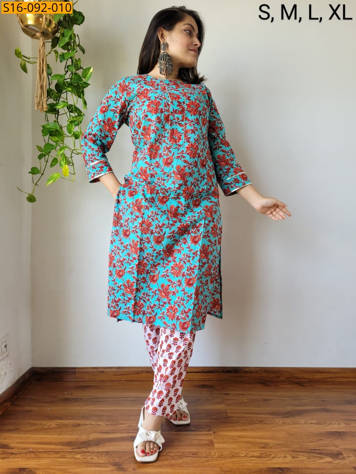 Rama Blue Fancy Hand block Cotton Kurti With pant