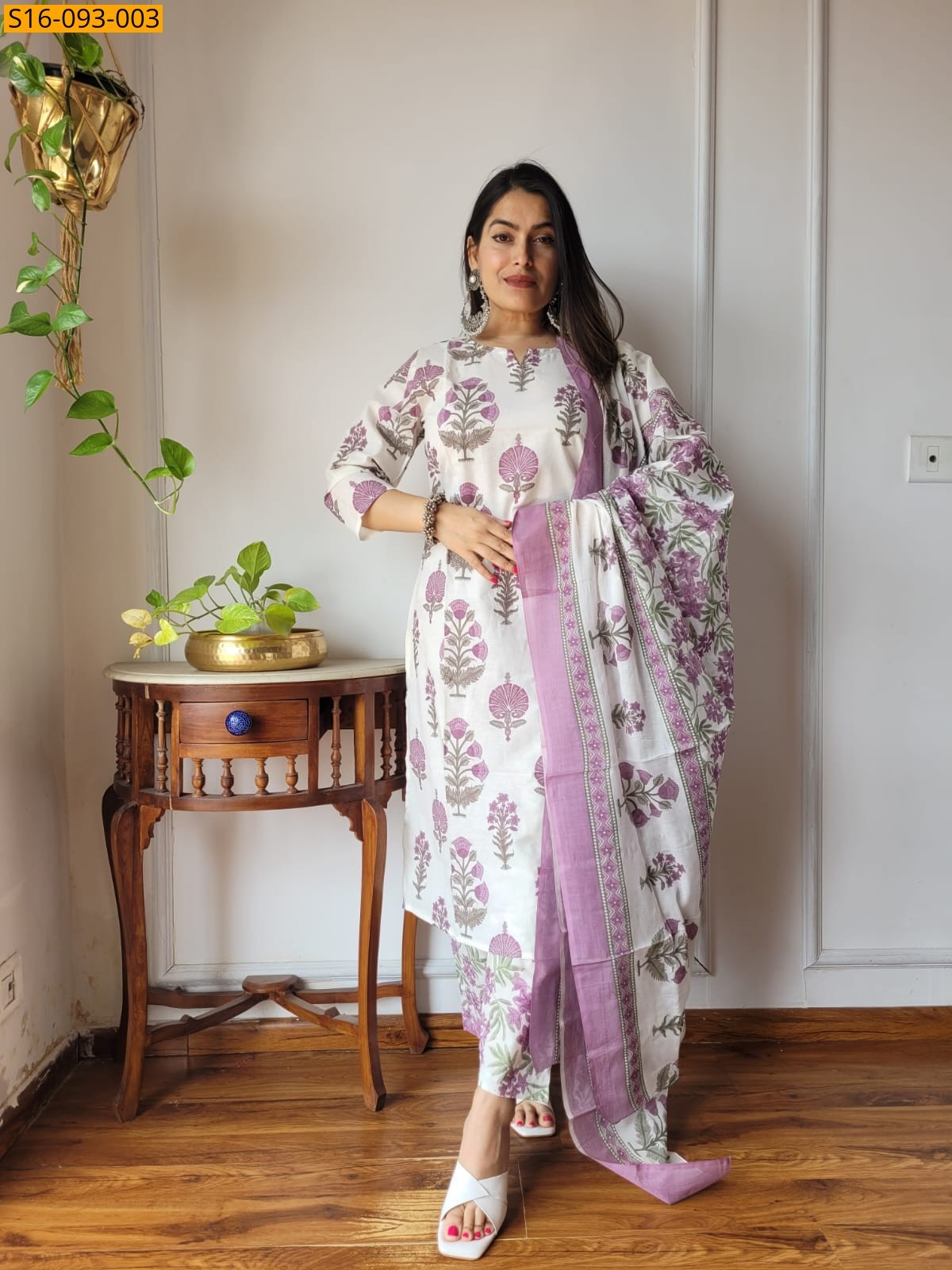 White Fancy Hand block Cotton Suits