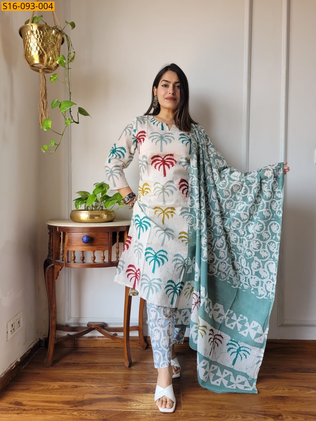 White Fancy Hand block Cotton Suits