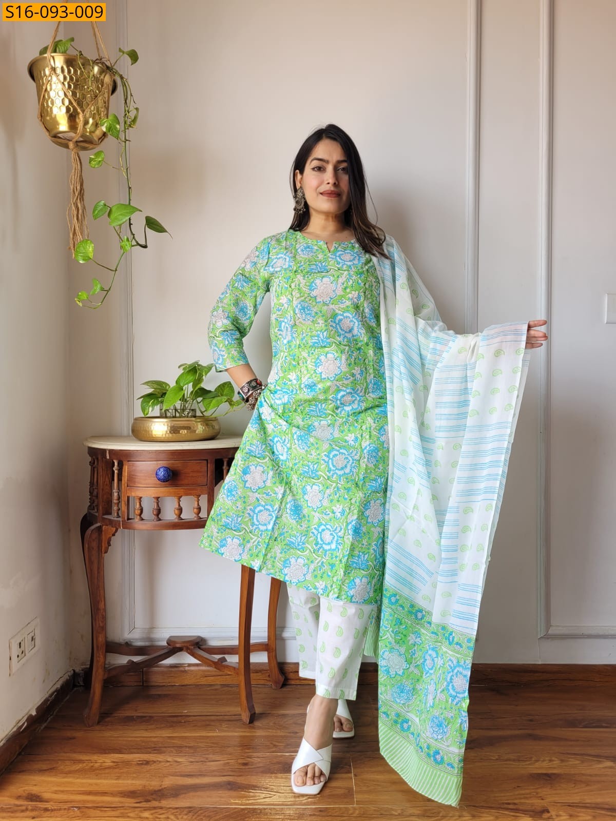 Green Fancy Hand block Cotton Suits
