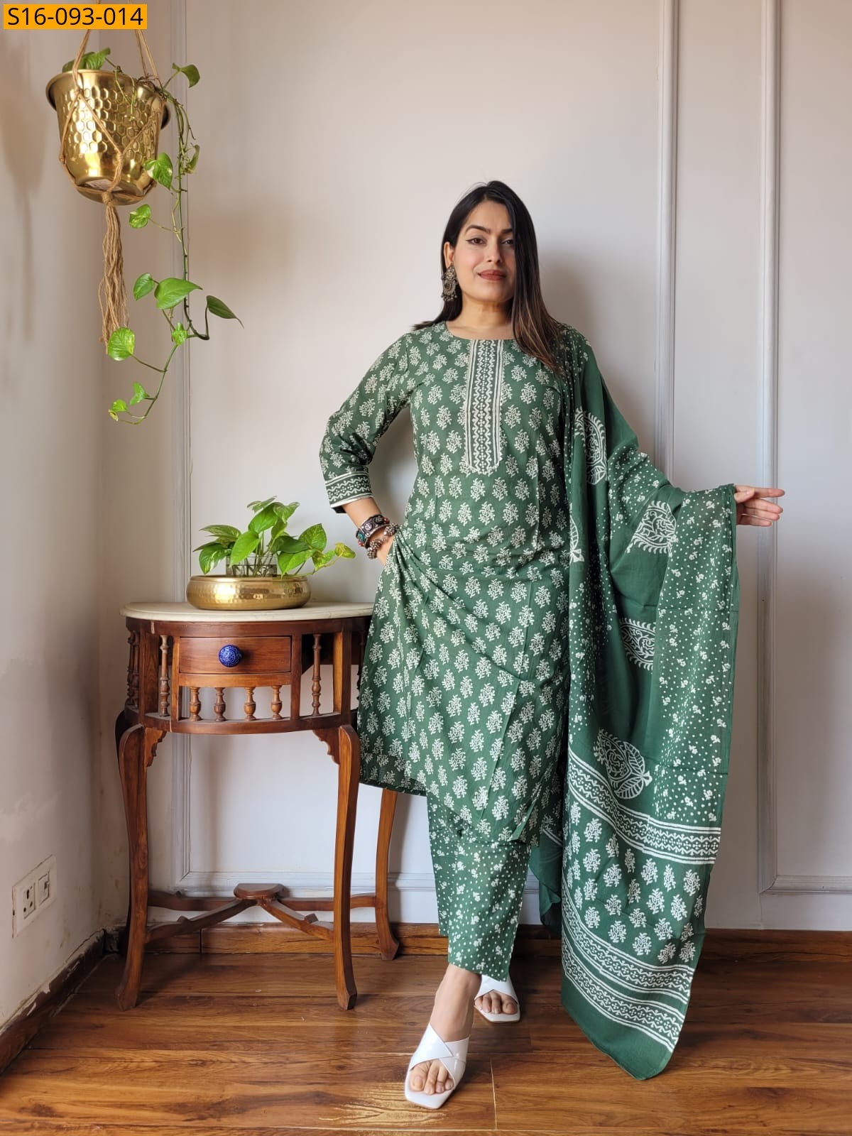 Green Fancy Hand block Cotton Suits