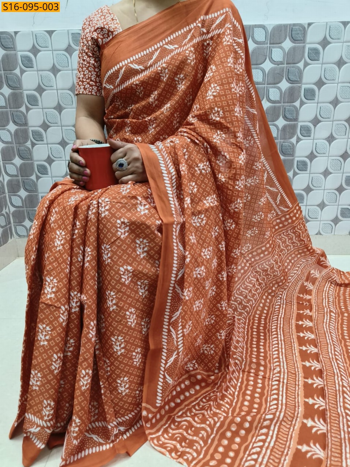 Orange Mulmul Cotton Sarees