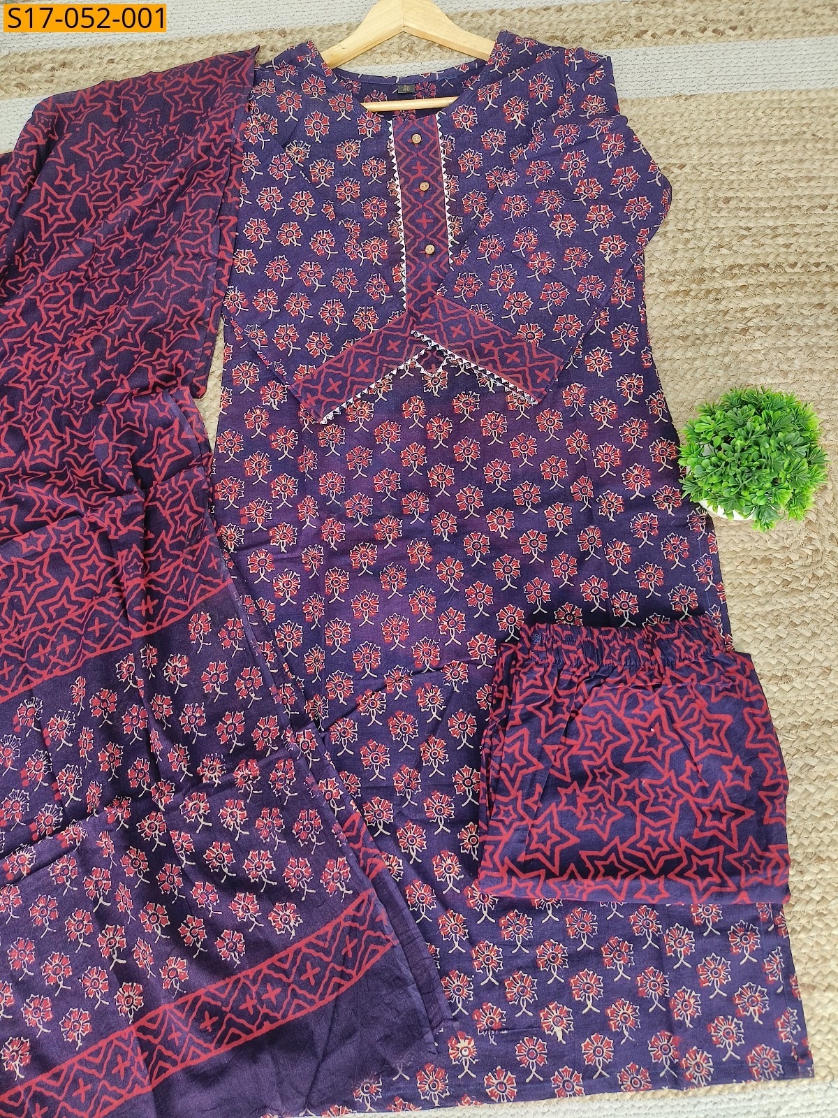 Blue Fancy Cotton Kurti Pant Dupatta Set