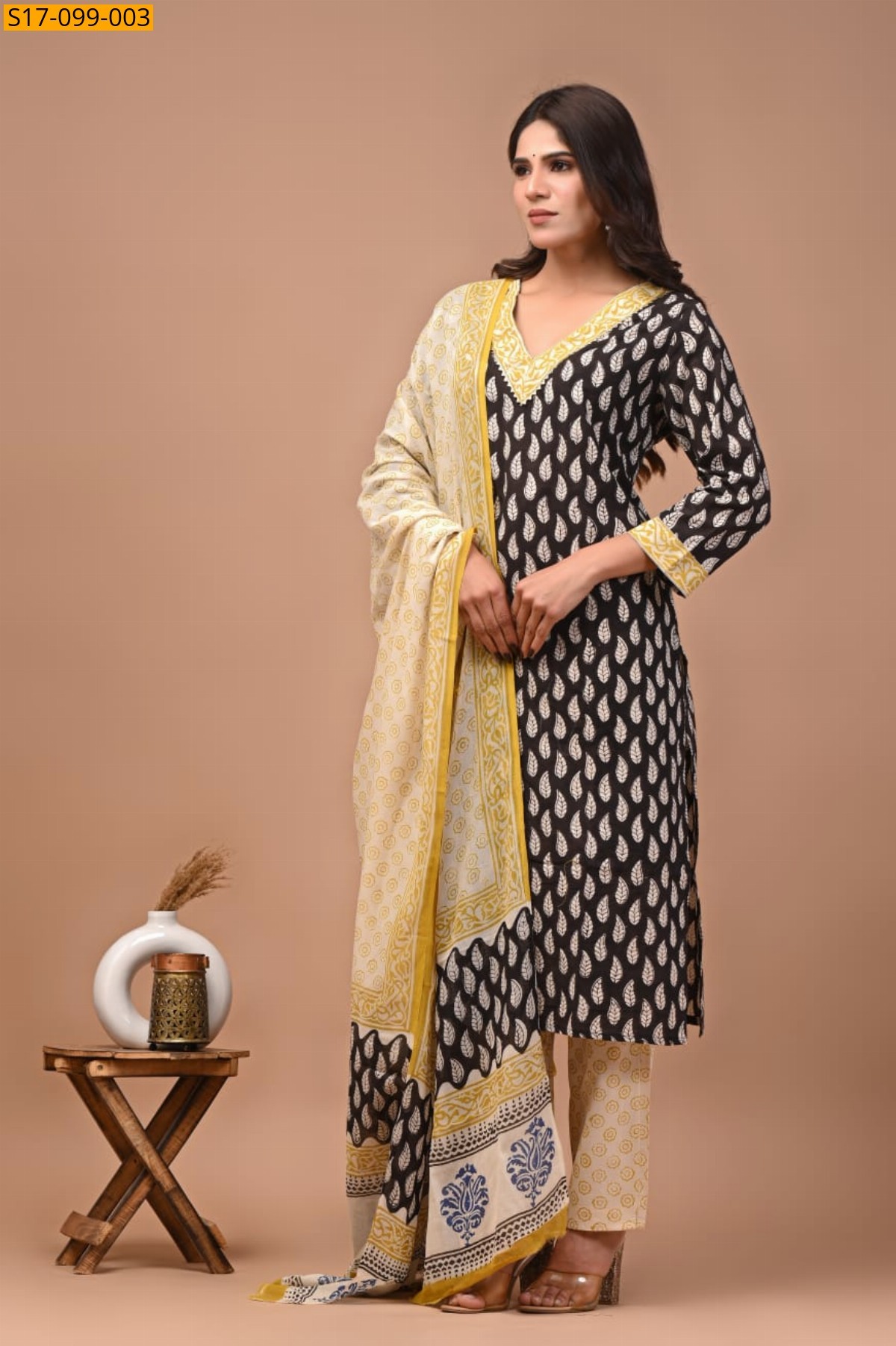 Black Hand block printed designer Cotton kurti Pant Dupatta Set