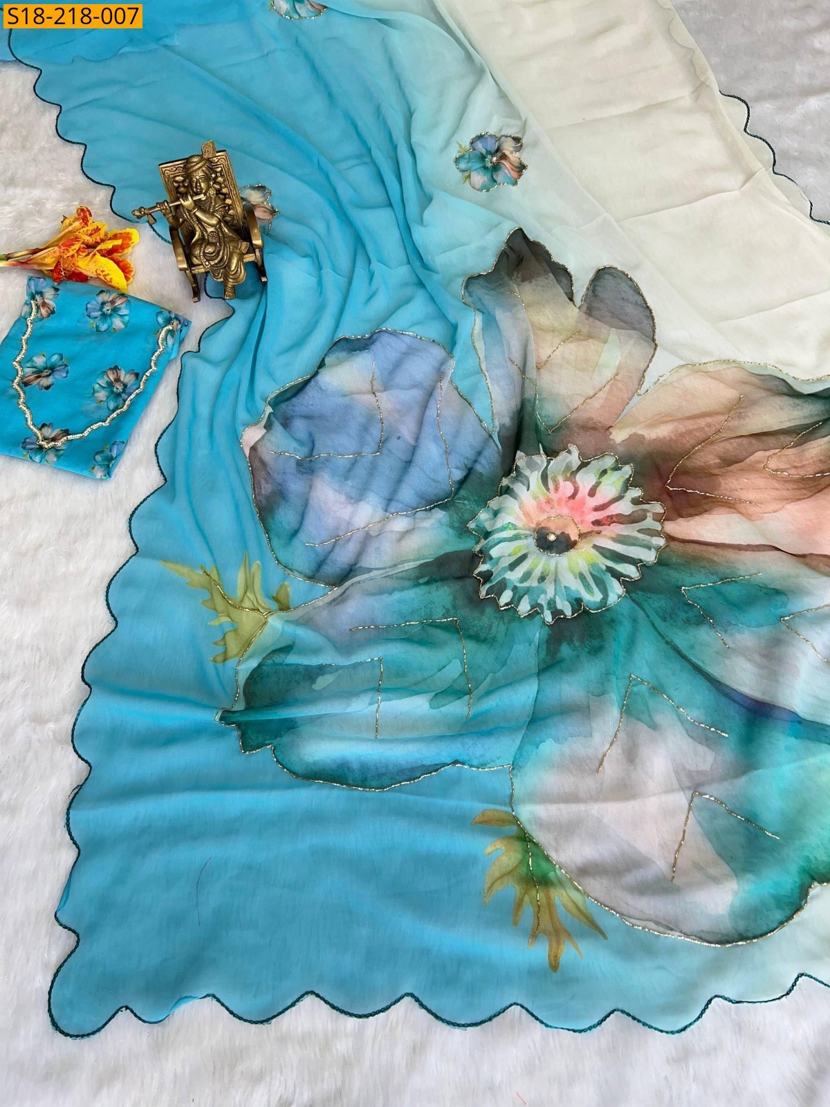 Sky Blue Fancy Georgette Handwork Sarees