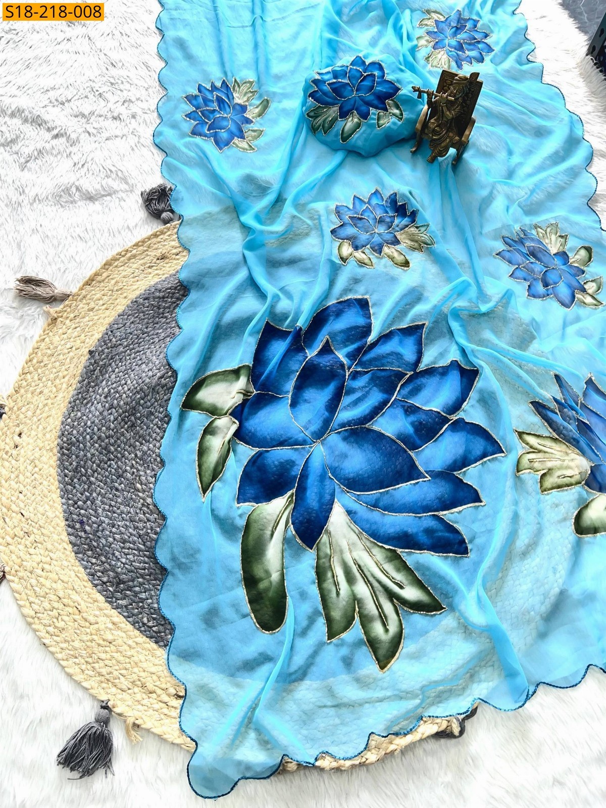 Sky Blue Fancy Georgette Handwork Sarees