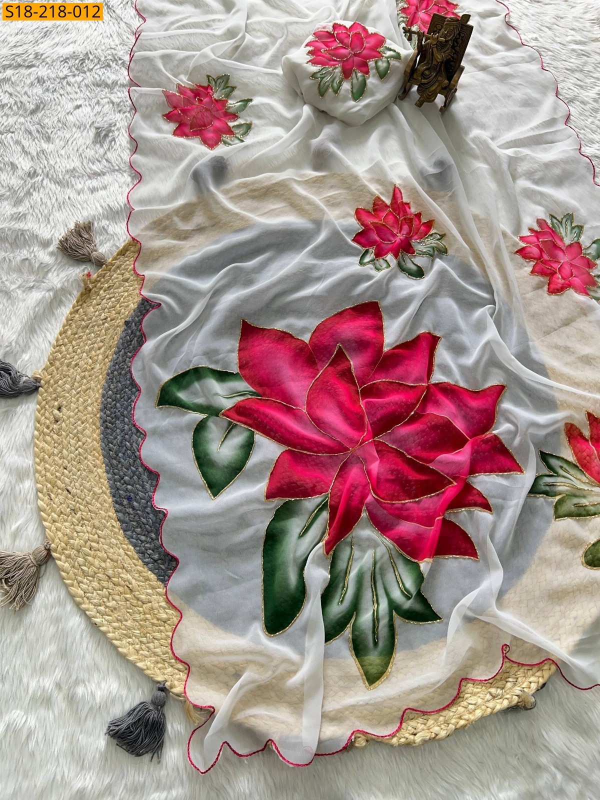 White Fancy Georgette Handwork Sarees